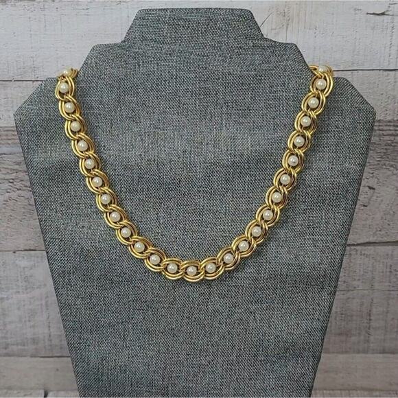 Vintage Caged Pearl Necklace Goldtone Double Open Link Appx 18.5" FAUX PEARL - Picture 4 of 9